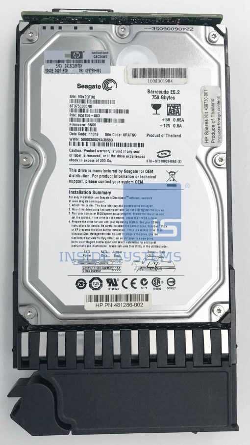 439730-001 - HP 750GB SATA 7.2K RPM 3.5" LFF