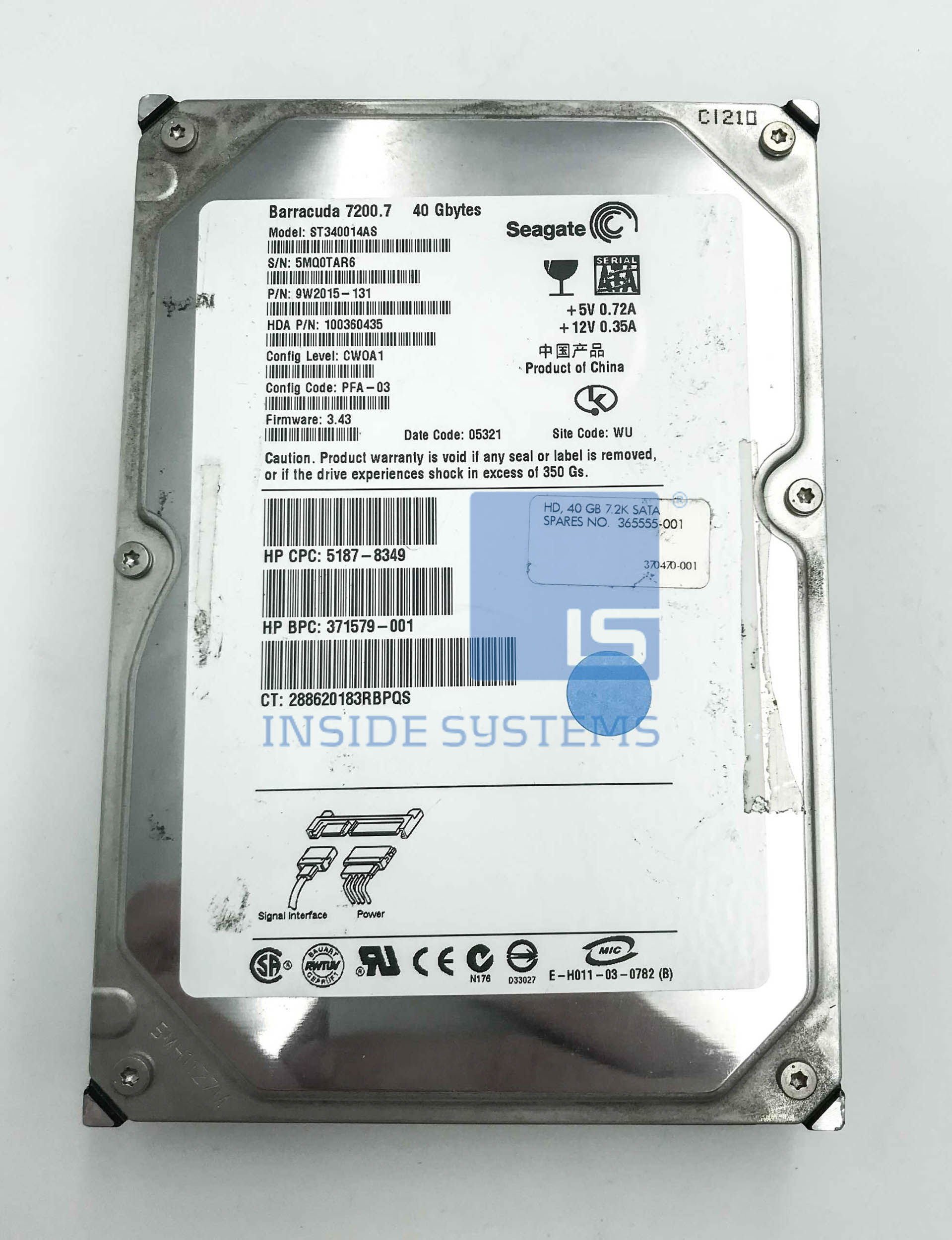 365555-001-03 - HP 40GB 7.2K RPM SATA 3.5" HDD NO TRAY 4 365555-001-03 - HP 40GB 7.2K RPM SATA 3.5" HDD NO TRAY - Image 3