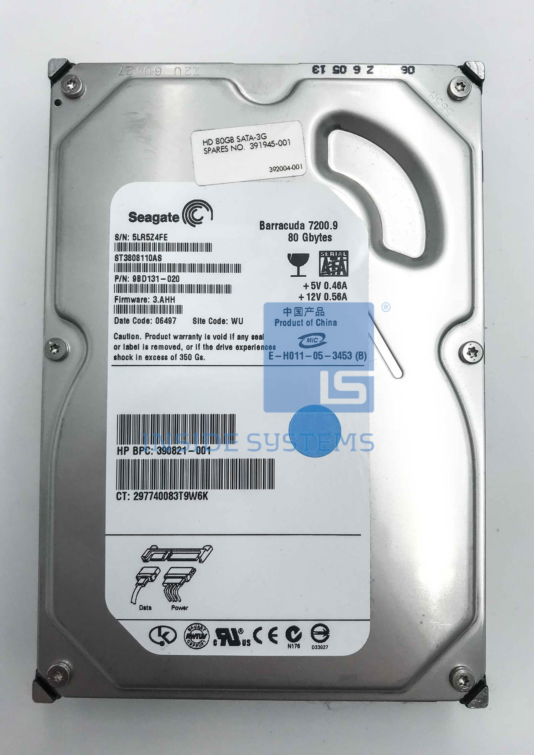 391945-001-03 - HP 80GB 7.2K SATA 3.5" HDD NO TRAY 7 391945 001 03 A