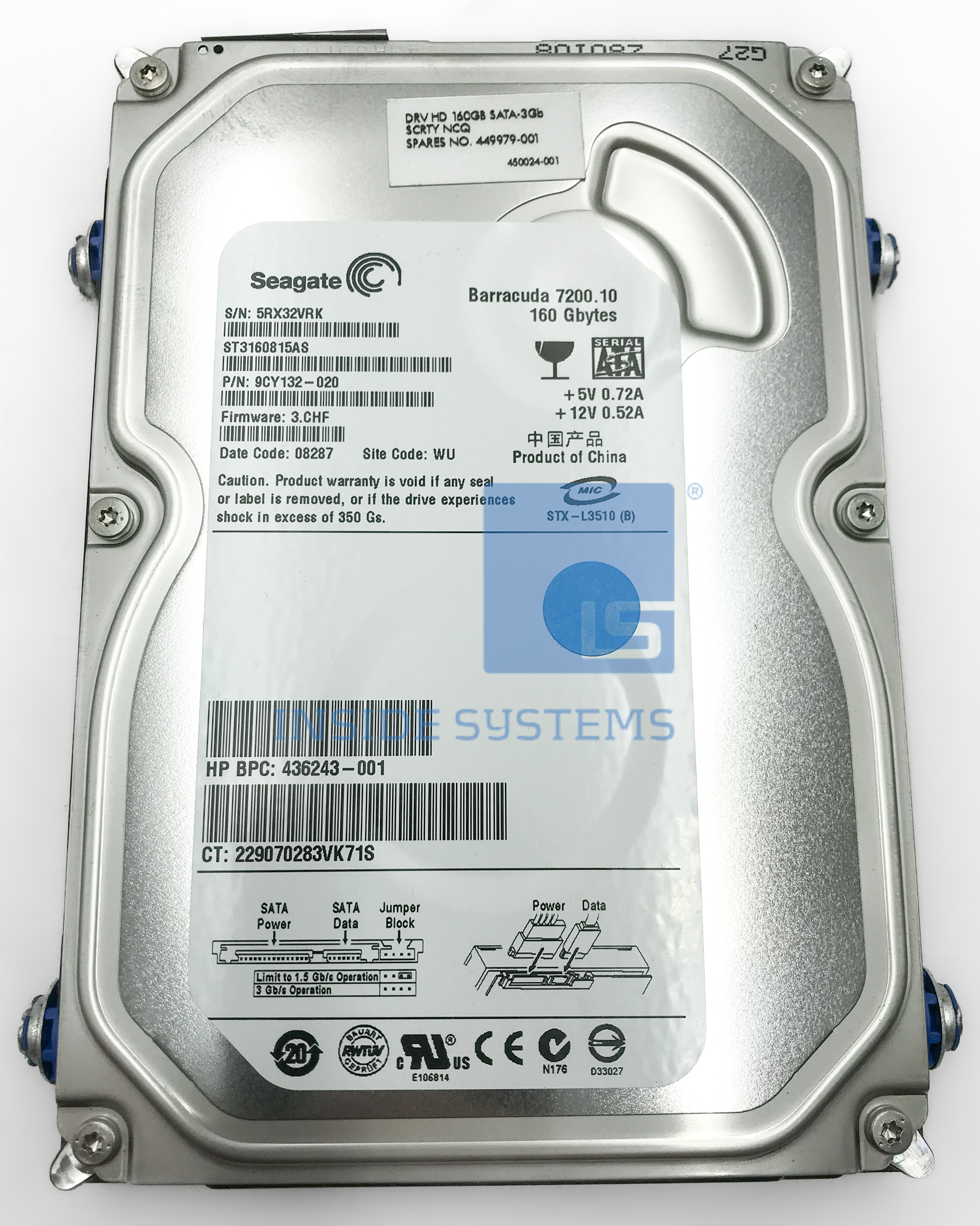 449979-001-03 - HP 160GB 7.2K 3G SATA 3.5" HDD NO TRAY 9 449979 001 03 A