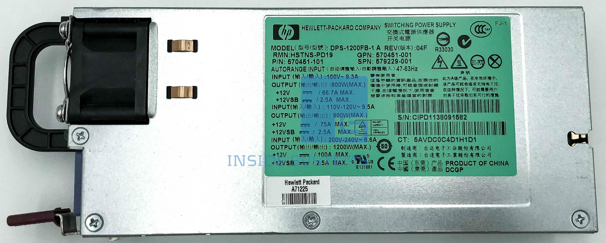 579229-001 - HP 1200W CS Plat Hot Plug Power Supply 3 579229-001 - HP 1200W CS Plat Hot Plug Power Supply