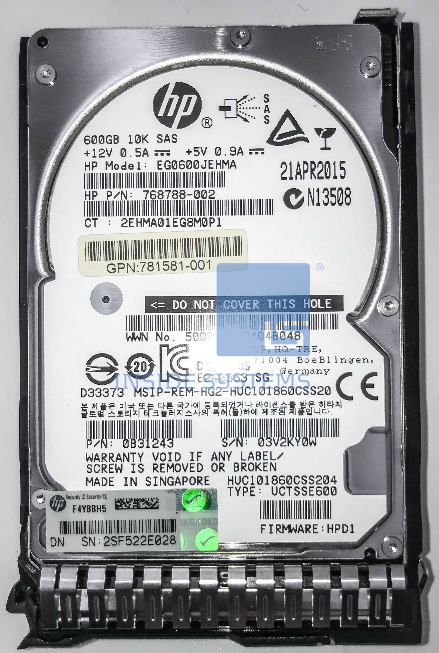 781577-001 - 600GB 10K 12G SC SAS 2.5" HDD 10 781577 001 A