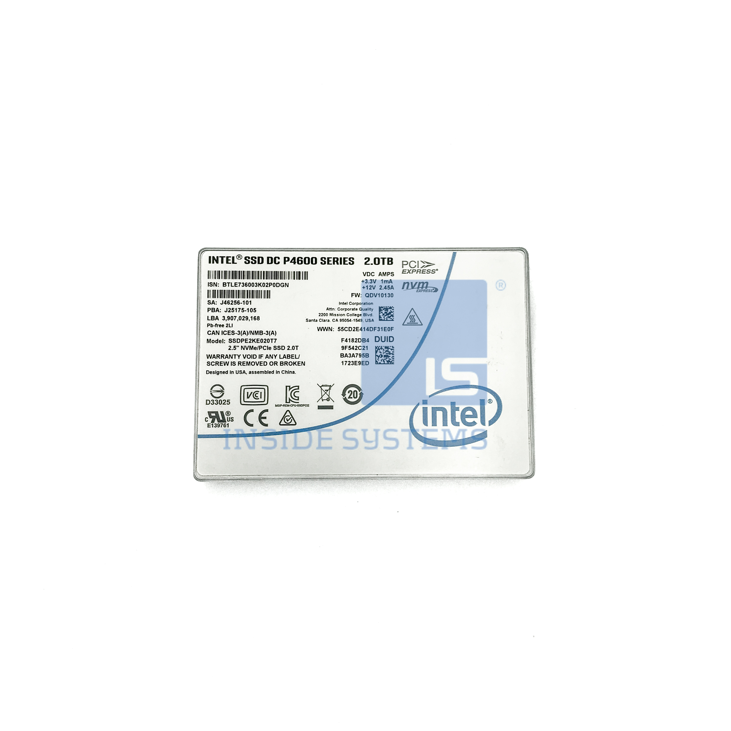 SSDPE2KE020T7-04 - 2TB 2.5" NVMe PCIe SSD 3.0 P4600 DC 9 SSDPE2KE020T7 04 A