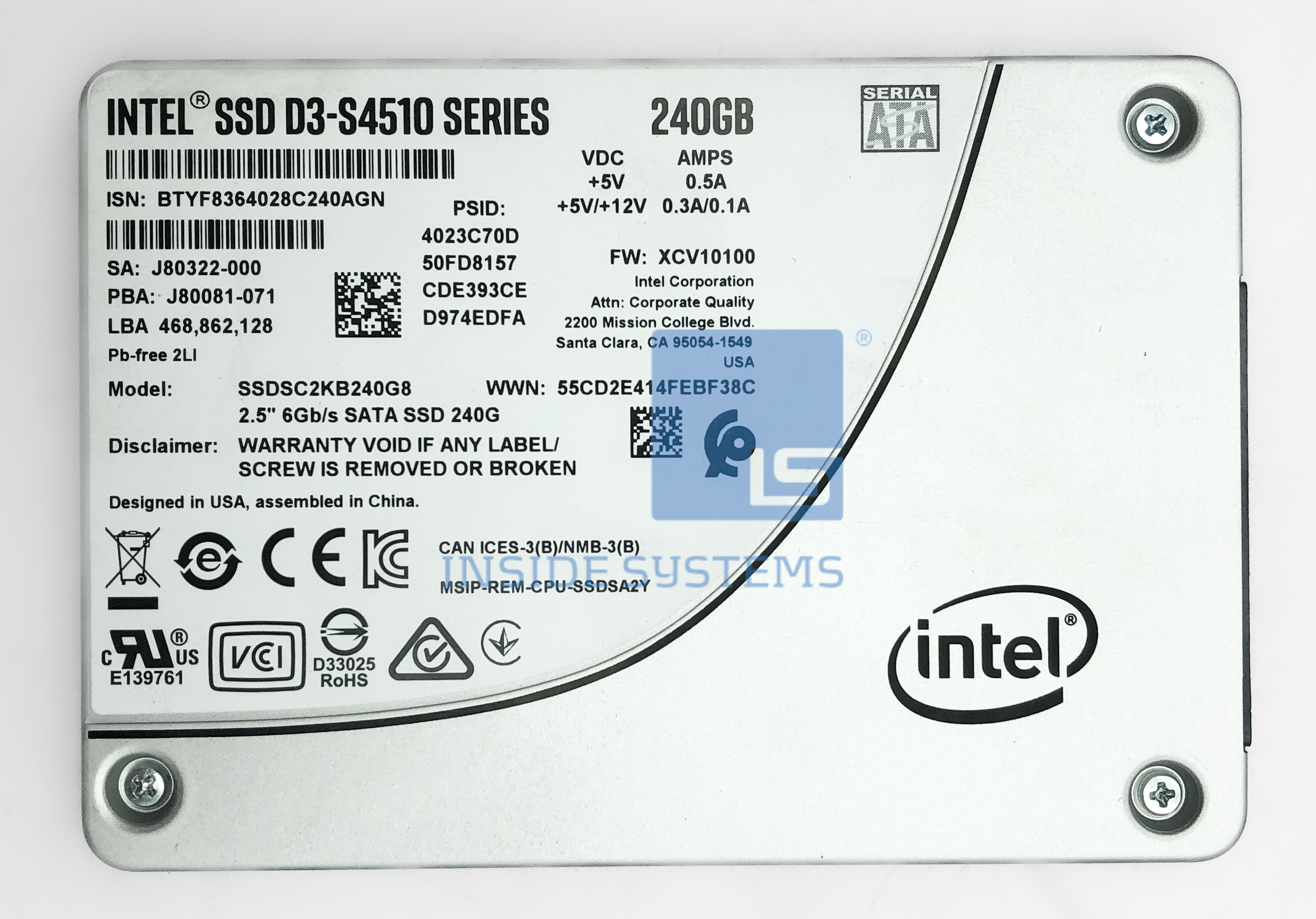 SSDSC2KB240G8 - Intel S4510 240GB 6G 2.5" SATA SSD 10 SSDSC2KB240G8 A
