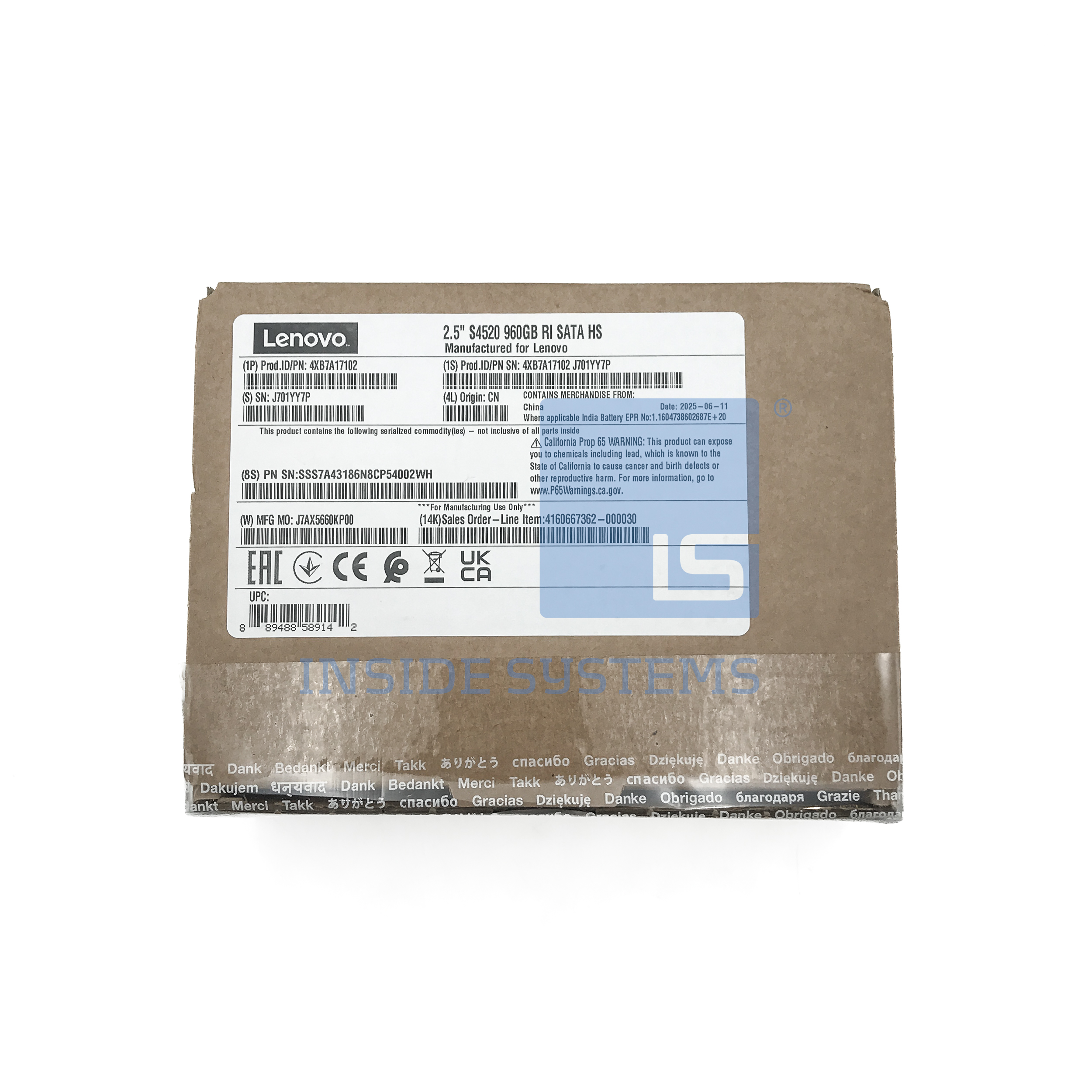 4XB7A17102-01 - 960GB 6Gbps 2.5" SATA SSD S4520 RI
